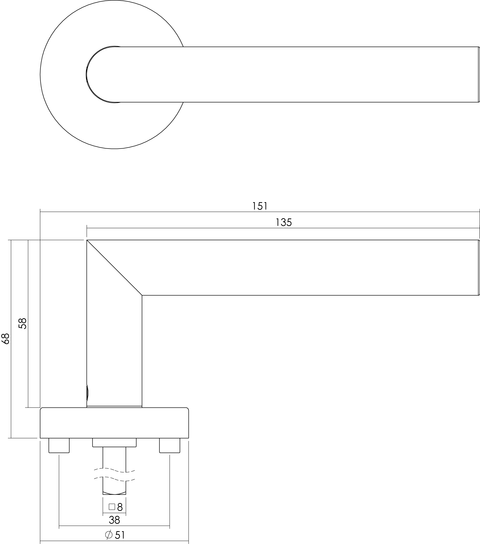 technische tekening deurkruk recht 90gr. op rond rozet