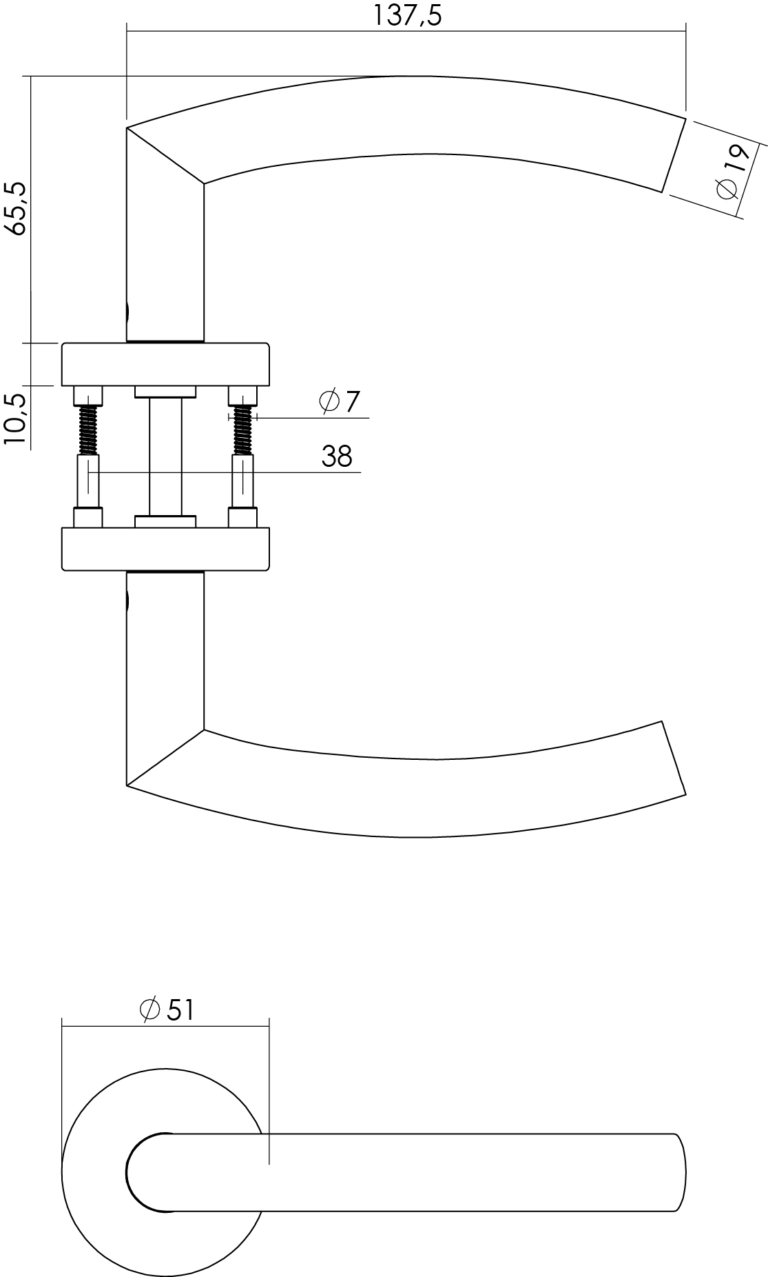 technische tekening deurkruk halfrond / hoek