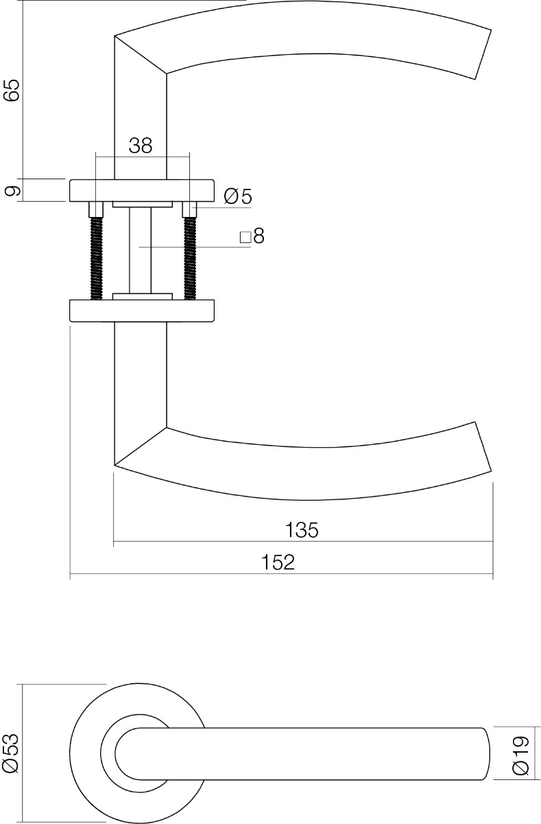 technische tekening deurkruk halfrond / hoek