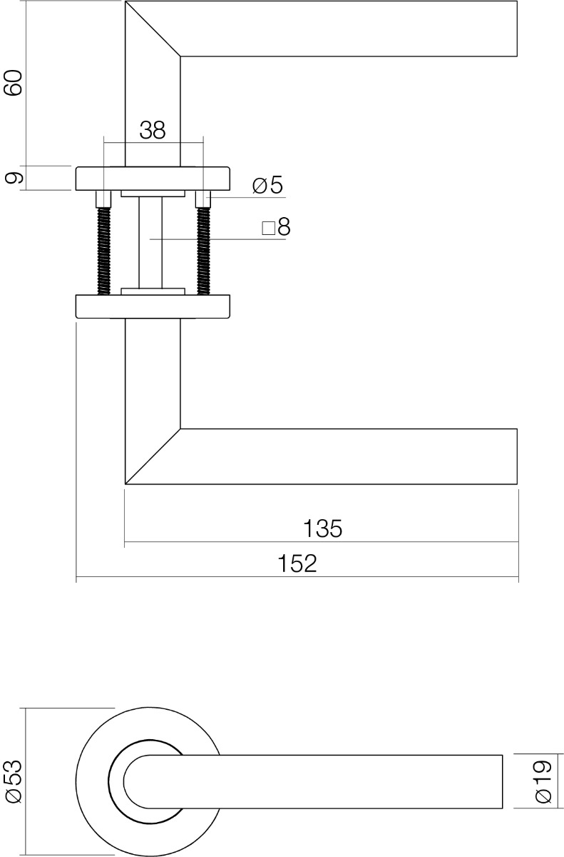 technische tekening deurkruk recht 90gr. op rond rozet